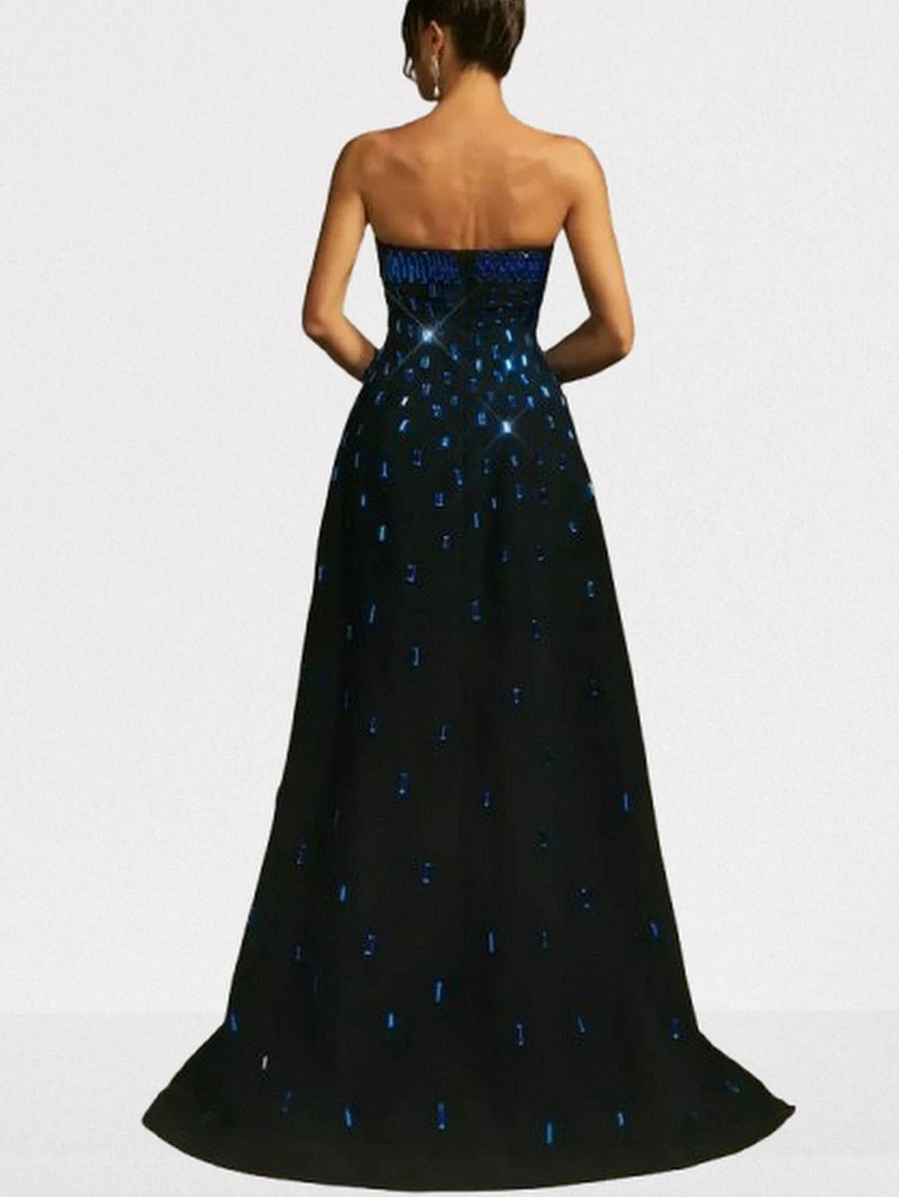 Black Crepe Strapless Evening Gown with Blue Crystals - Dresses