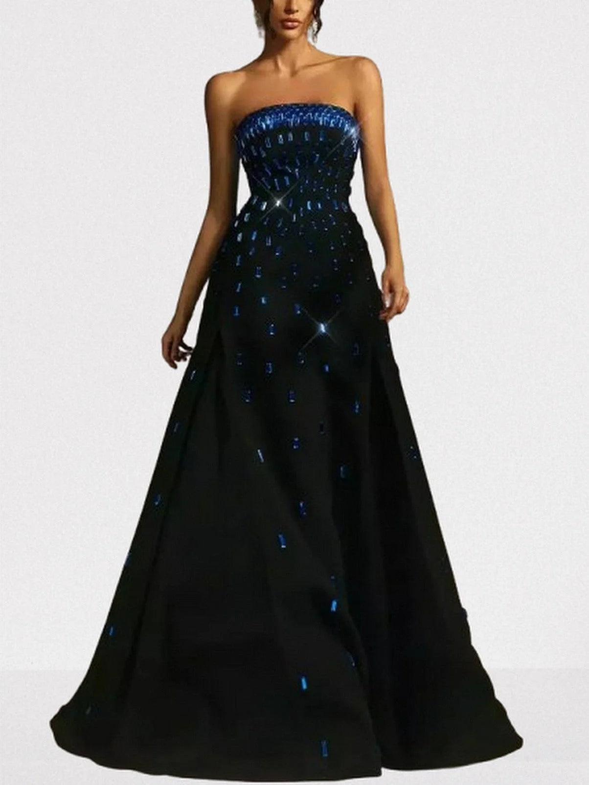 Black Crepe Strapless Evening Gown with Blue Crystals - Dresses