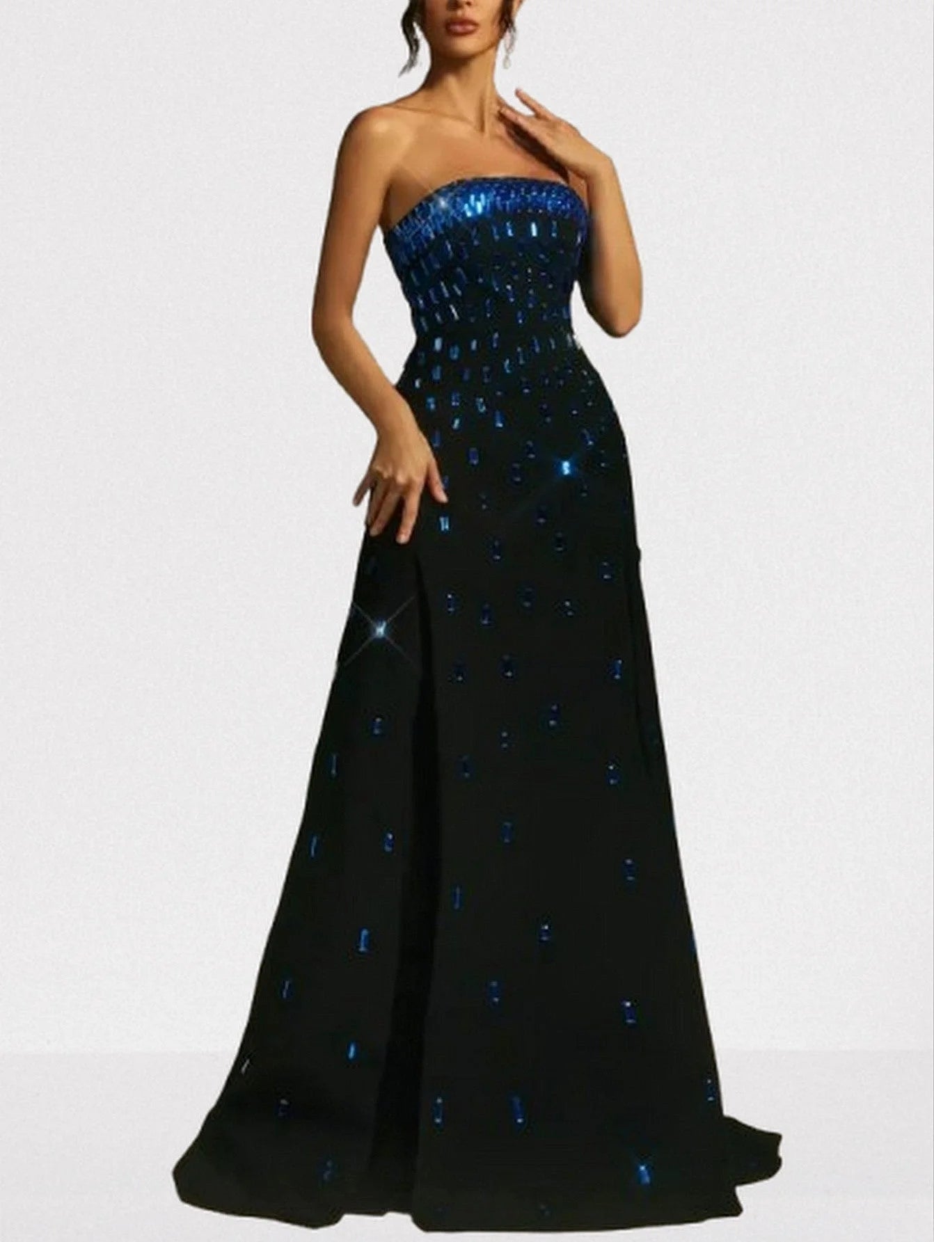 Black Crepe Strapless Evening Gown with Blue Crystals - Dresses