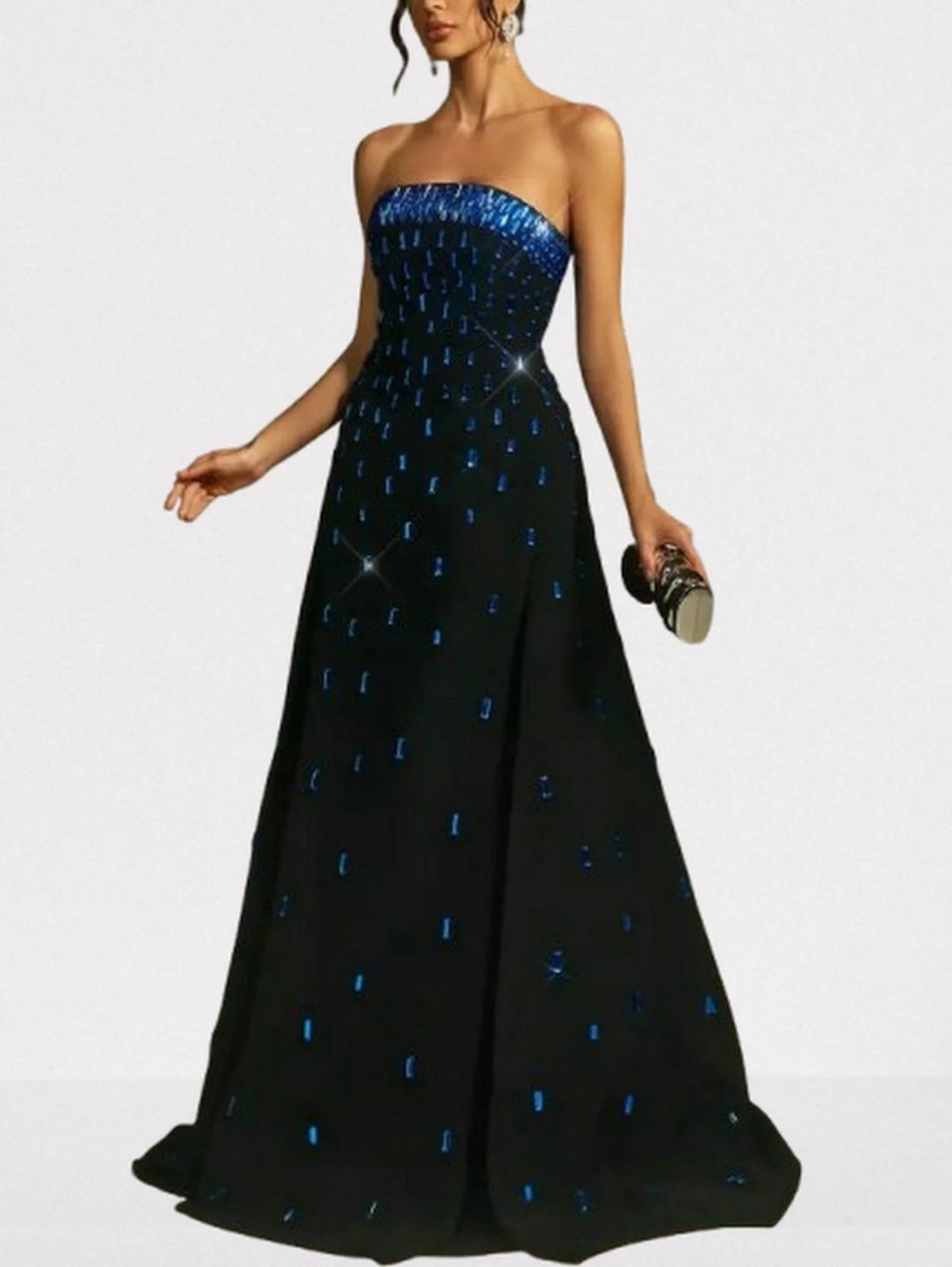 Black Crepe Strapless Evening Gown with Blue Crystals - Dresses