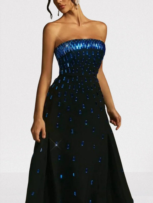 Black Crepe Strapless Evening Gown with Blue Crystals - Dresses