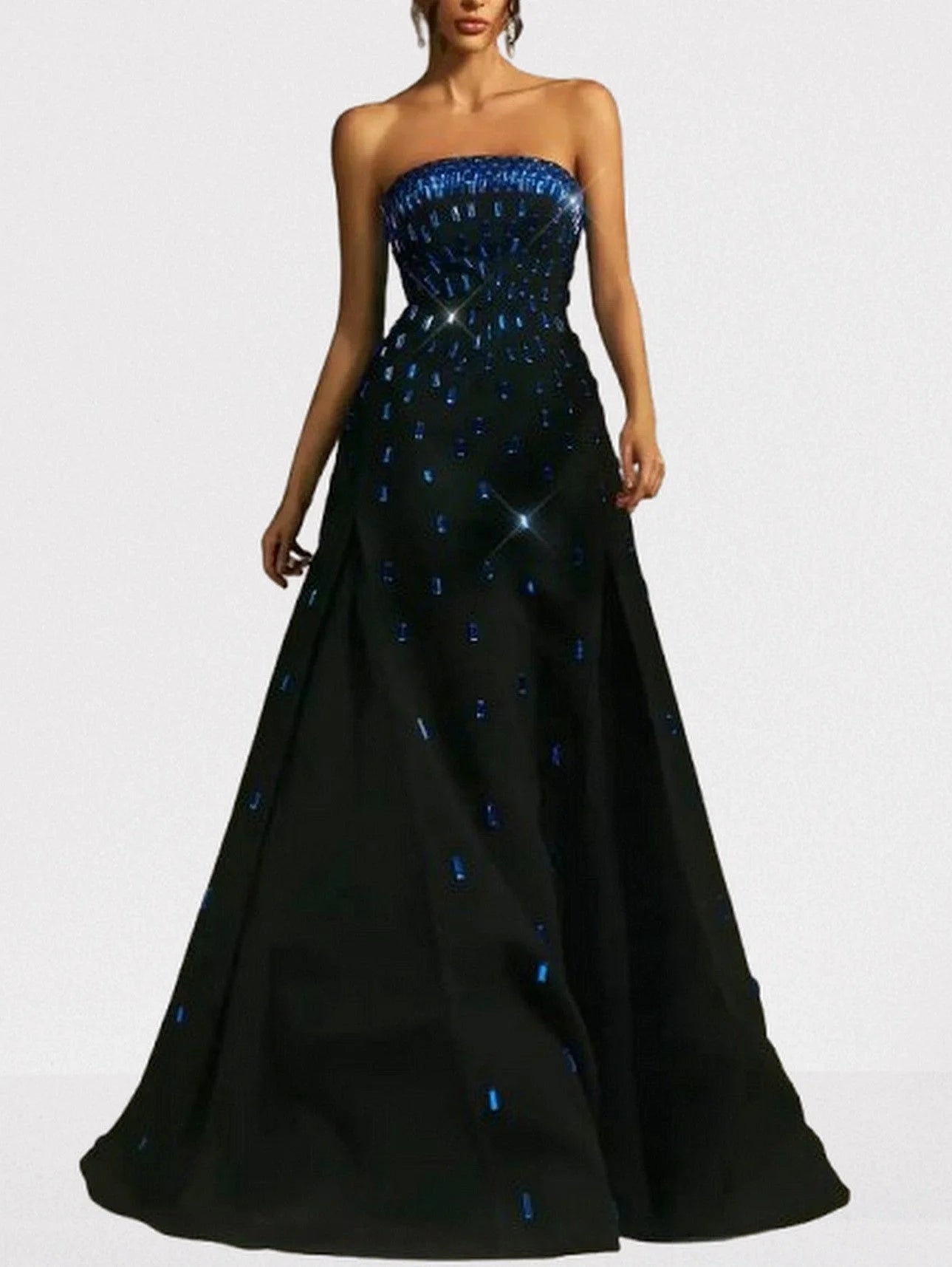 Black Crepe Strapless Evening Gown with Blue Crystals - Dresses