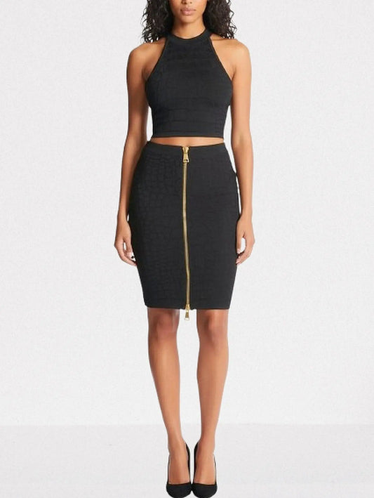 Black Crocodile Embossed Halter Top & Zip Skirt Set - Suits & Sets