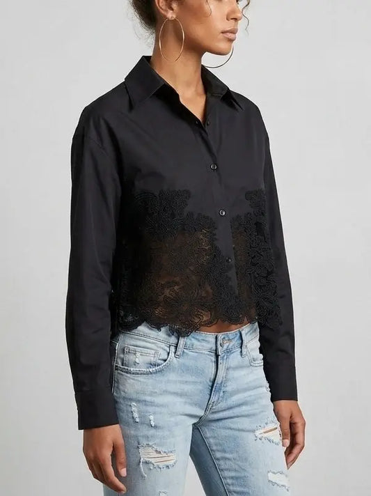 Black Cropped Cotton Shirt with Lace Embroidery - Tops
