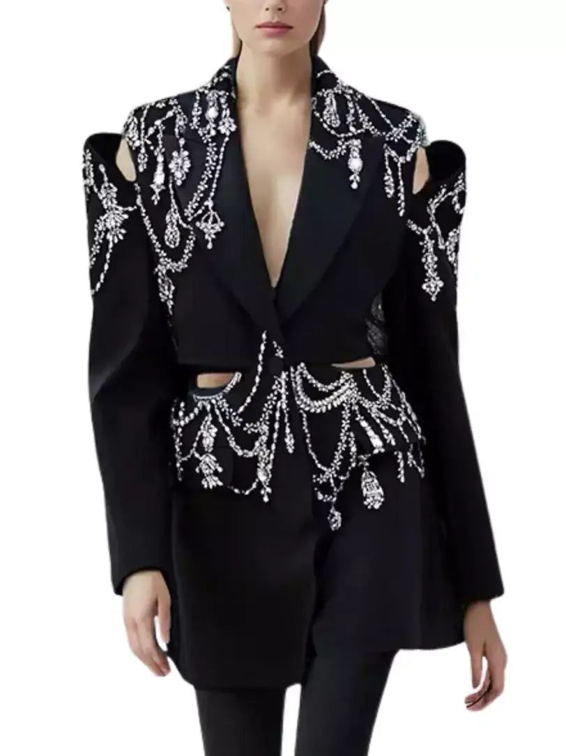 Black Crystal-Embellished Cutout Blazer Jacket - Jackets