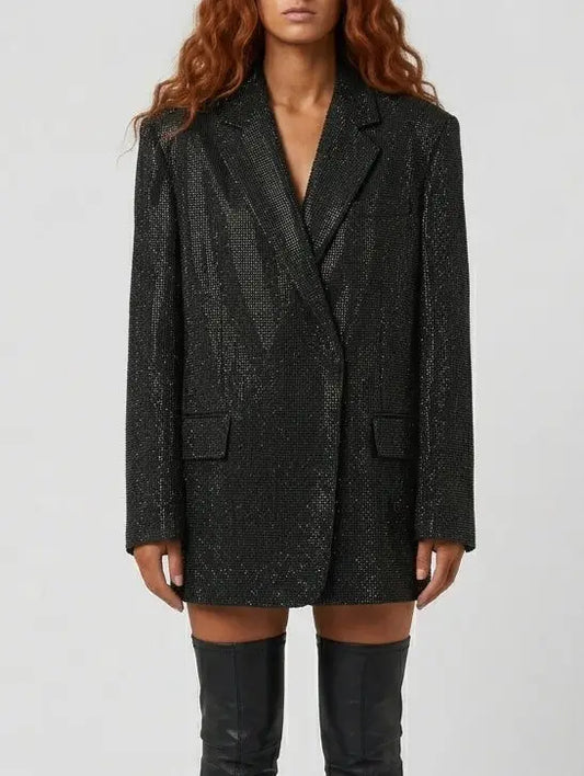 Black Crystal Embellished Long Blazer - Jackets