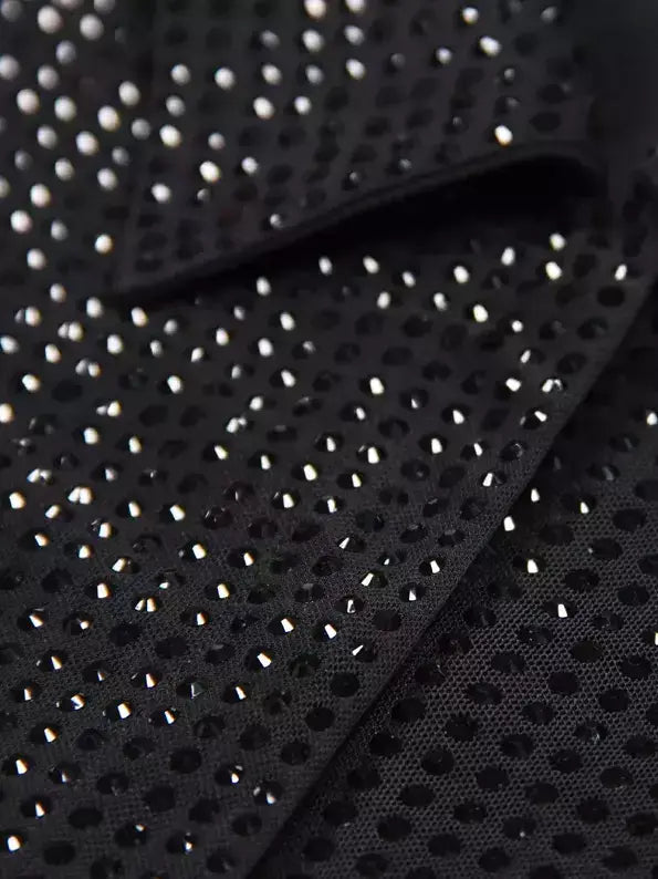 Black Crystal Embellished Mesh Shirt - Tops
