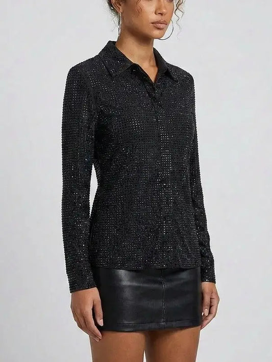 Black Crystal Embellished Mesh Shirt - Tops