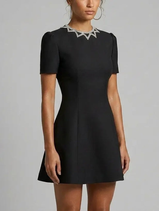 Black Crystal Neckline Fit and Flare Mini Dress - Dresses