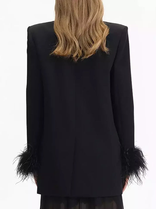Black Double-Breasted Blazer with Feather-Trim Cuffs - Jackets