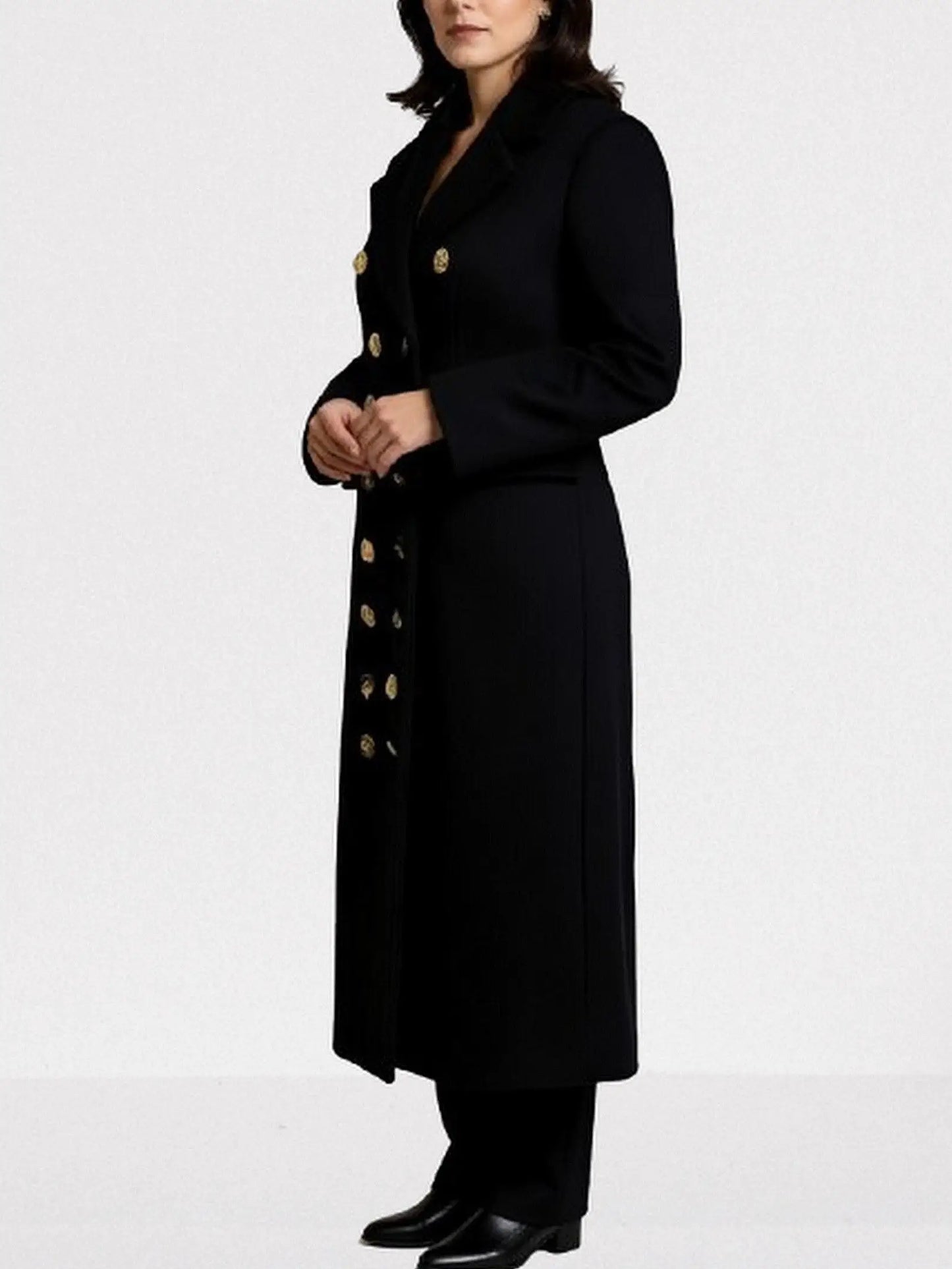 Black Double-Breasted Coat with Decorative Buttons - Coats