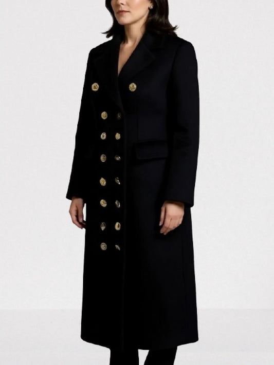 Black Double-Breasted Coat with Decorative Buttons - Coats