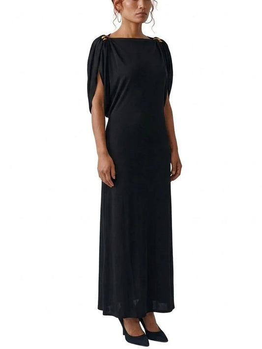 Black Draped Maxi Dress with Gold Shoulder Hardware - Dresses