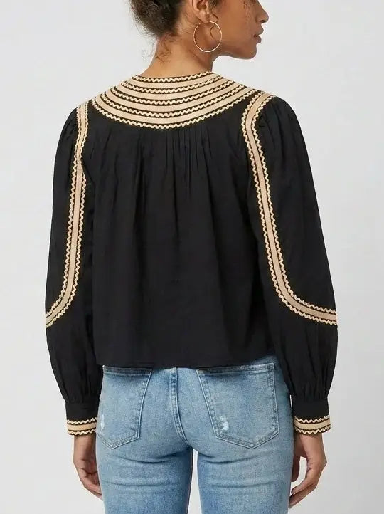 Black Embroidered Cotton Blouse with Contrast Trim - Tops