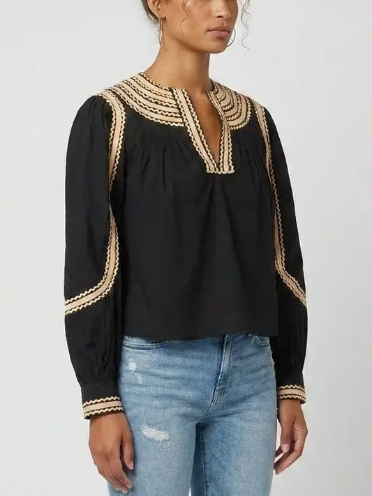 Black Embroidered Cotton Blouse with Contrast Trim - Tops