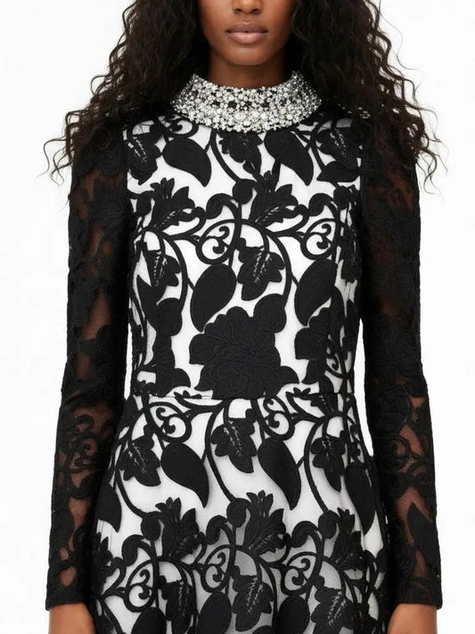 Black Embroidered Lace Gown with Crystal Collar - Dresses