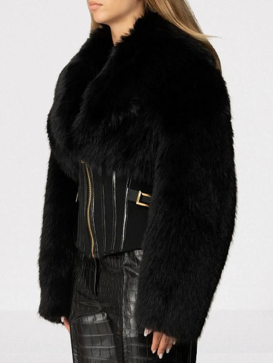 Black Faux-Fur Jacket with Corset Waist - Jackets