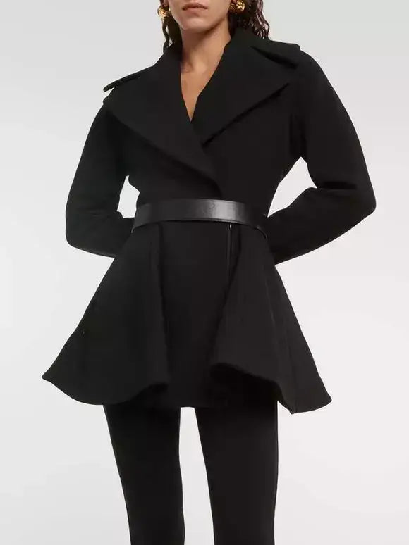 Black Flared Short Wool Coat - Coats