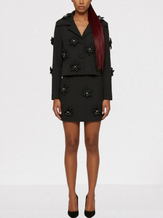 Black Floral-Embellished Blazer and Skirt Set - Suits & Sets