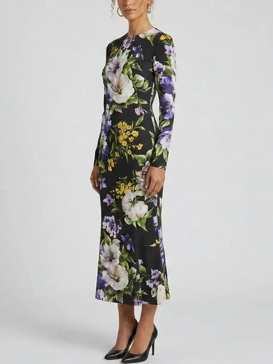 Black Floral Silk Long Sleeve Midi Dress - Dresses