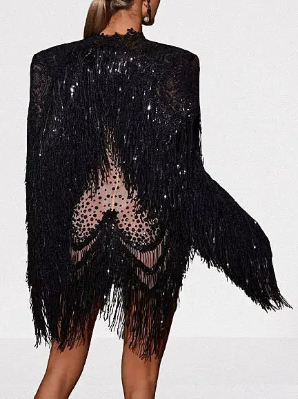 Black Fringed Embellished Jacket and Dress Set - Suits & Sets