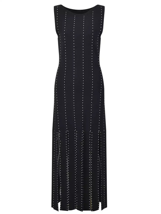 Black Fringed Knit Studded Maxi Dress - Dresses