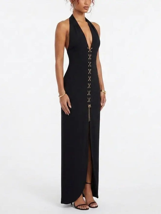 Black Halter Neck Lace Up Maxi Dress - Dresses