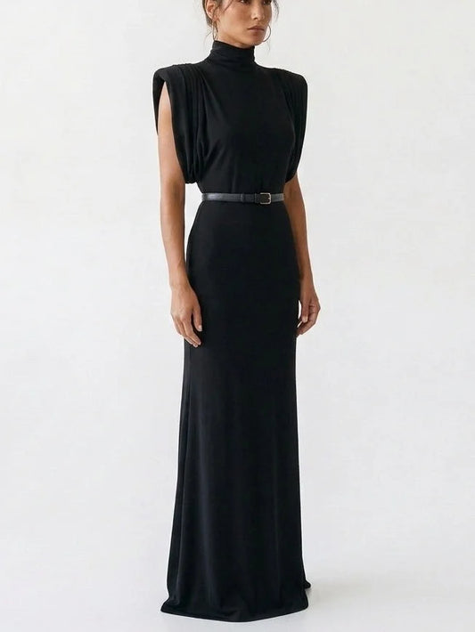 Black High Neck Draped Maxi Dress with Belt - Dresses