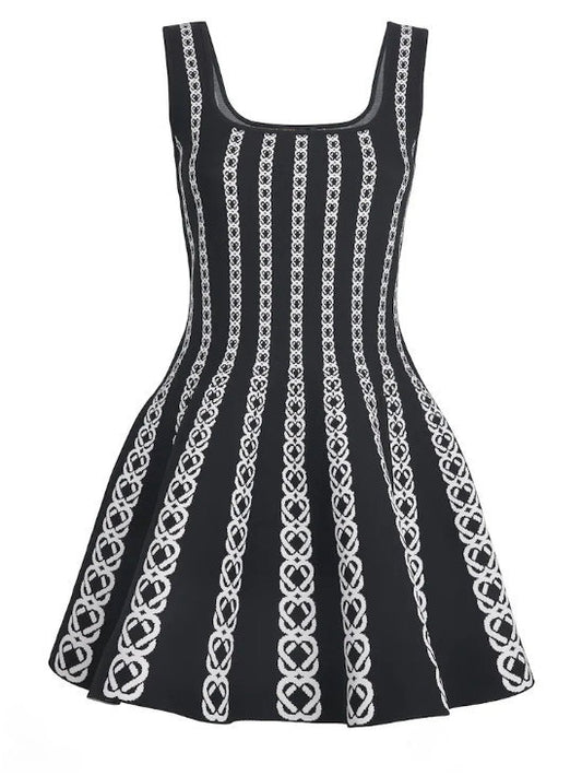 Black Jacquard Knit Flared Mini Dress - Dresses
