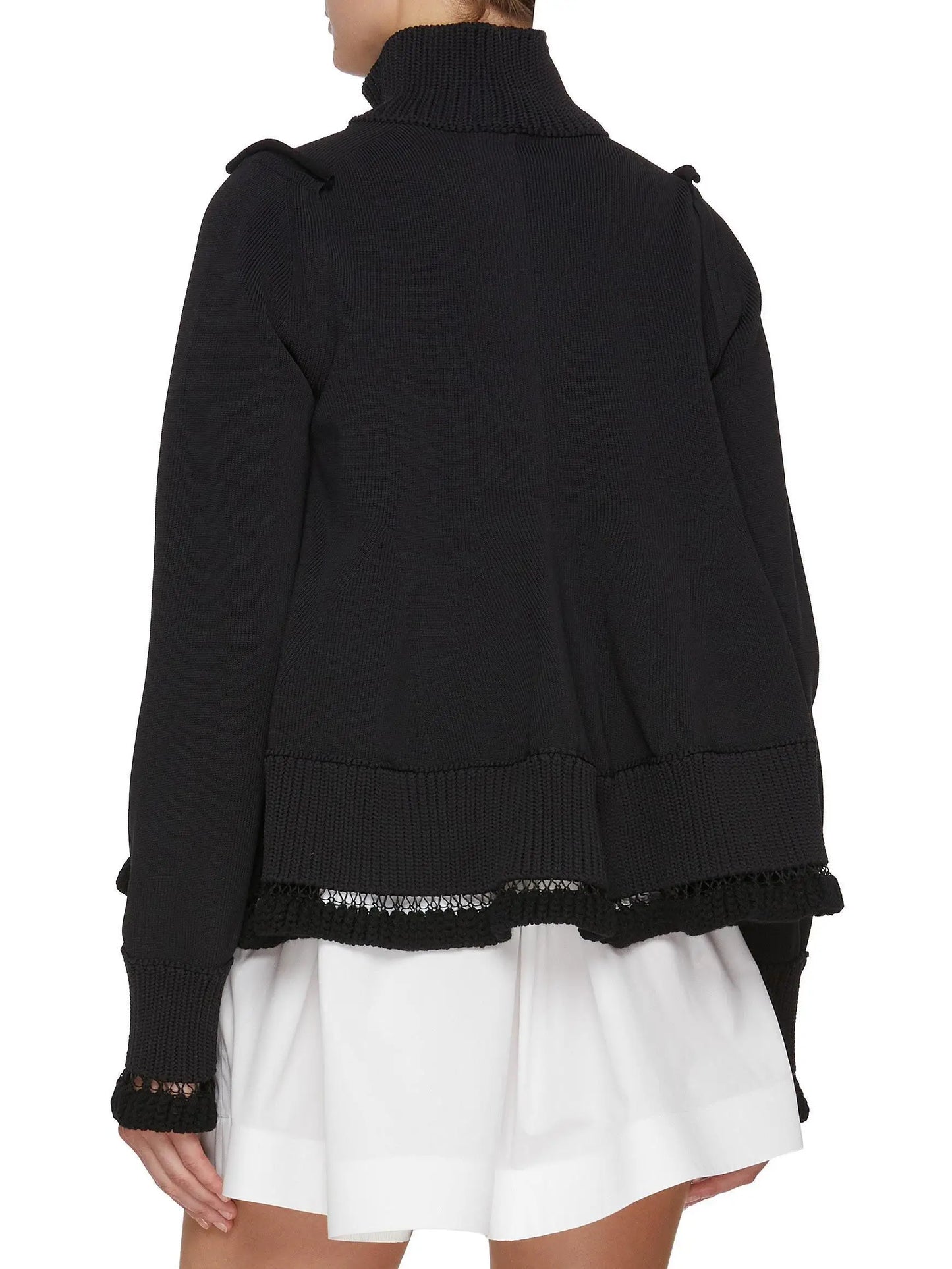Black Knit Blouson Jacket with Open-Knit Trims - Jackets