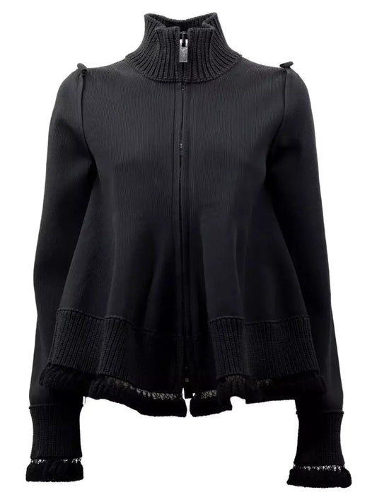 Black Knit Blouson Jacket with Open-Knit Trims - Jackets