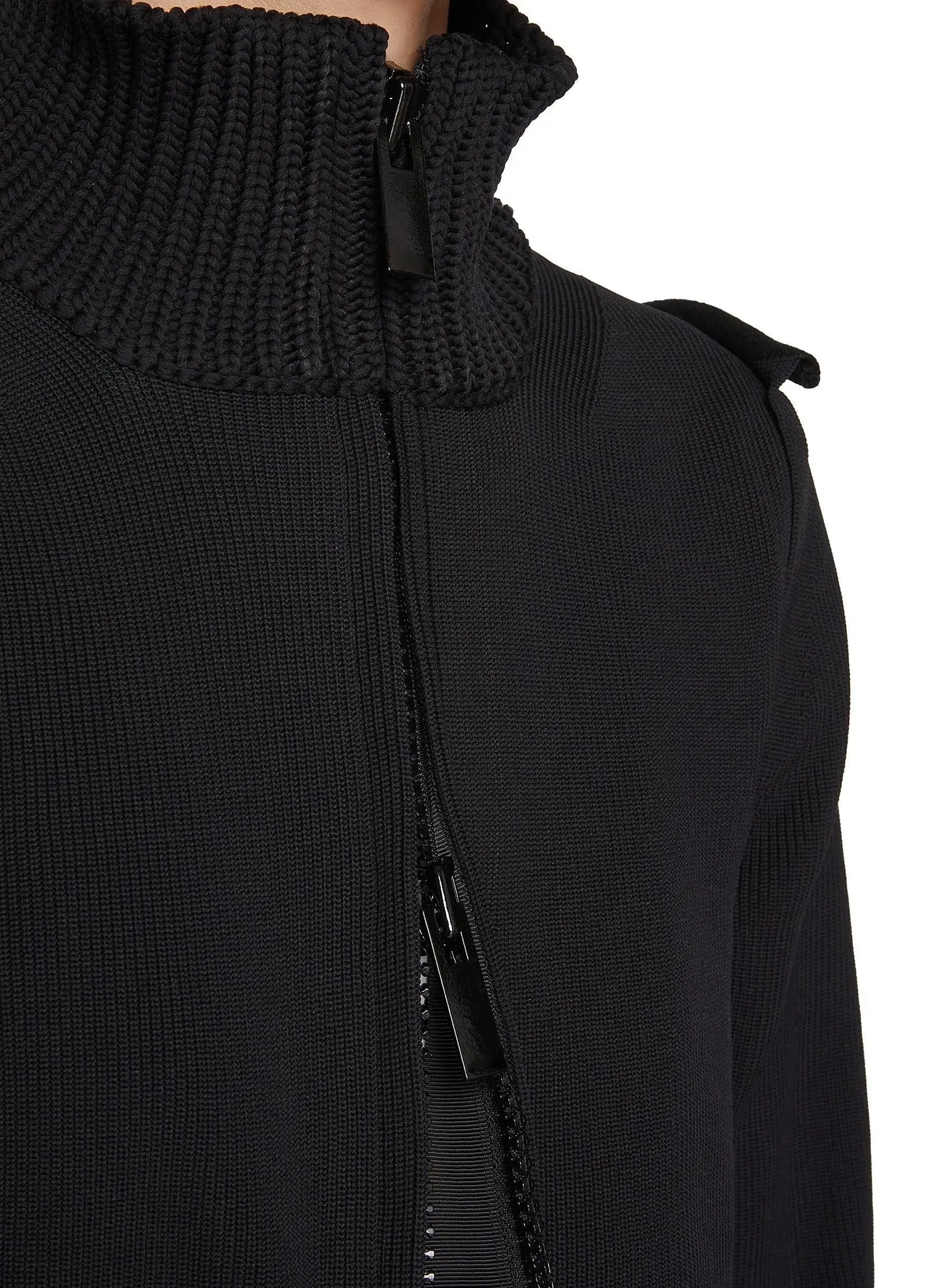 Black Knit Blouson Jacket with Open-Knit Trims - Jackets