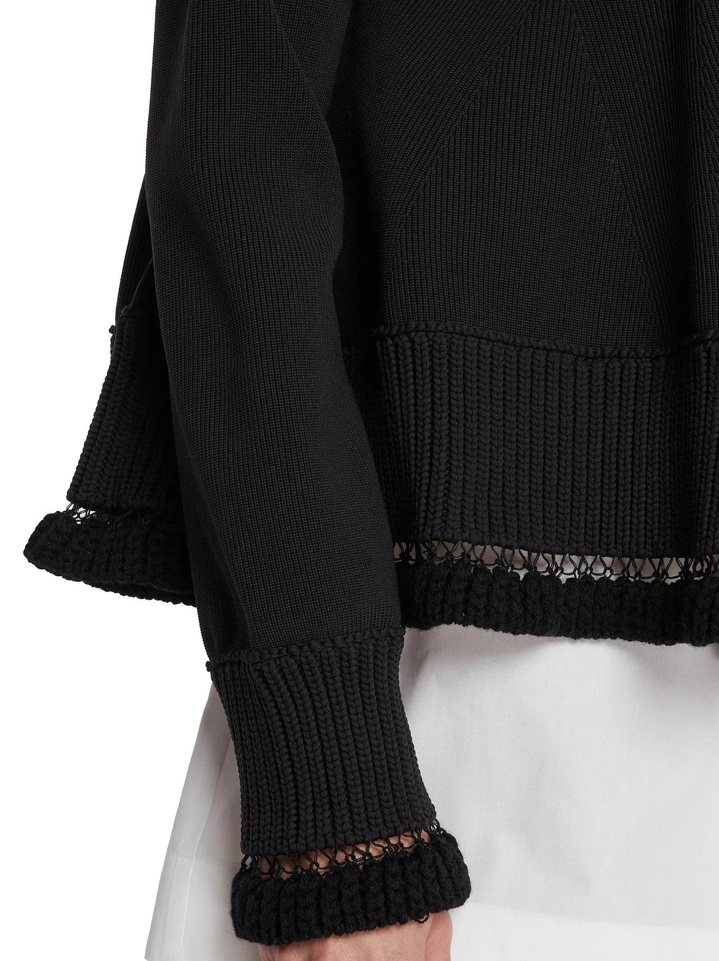 Black Knit Blouson Jacket with Open-Knit Trims - Jackets