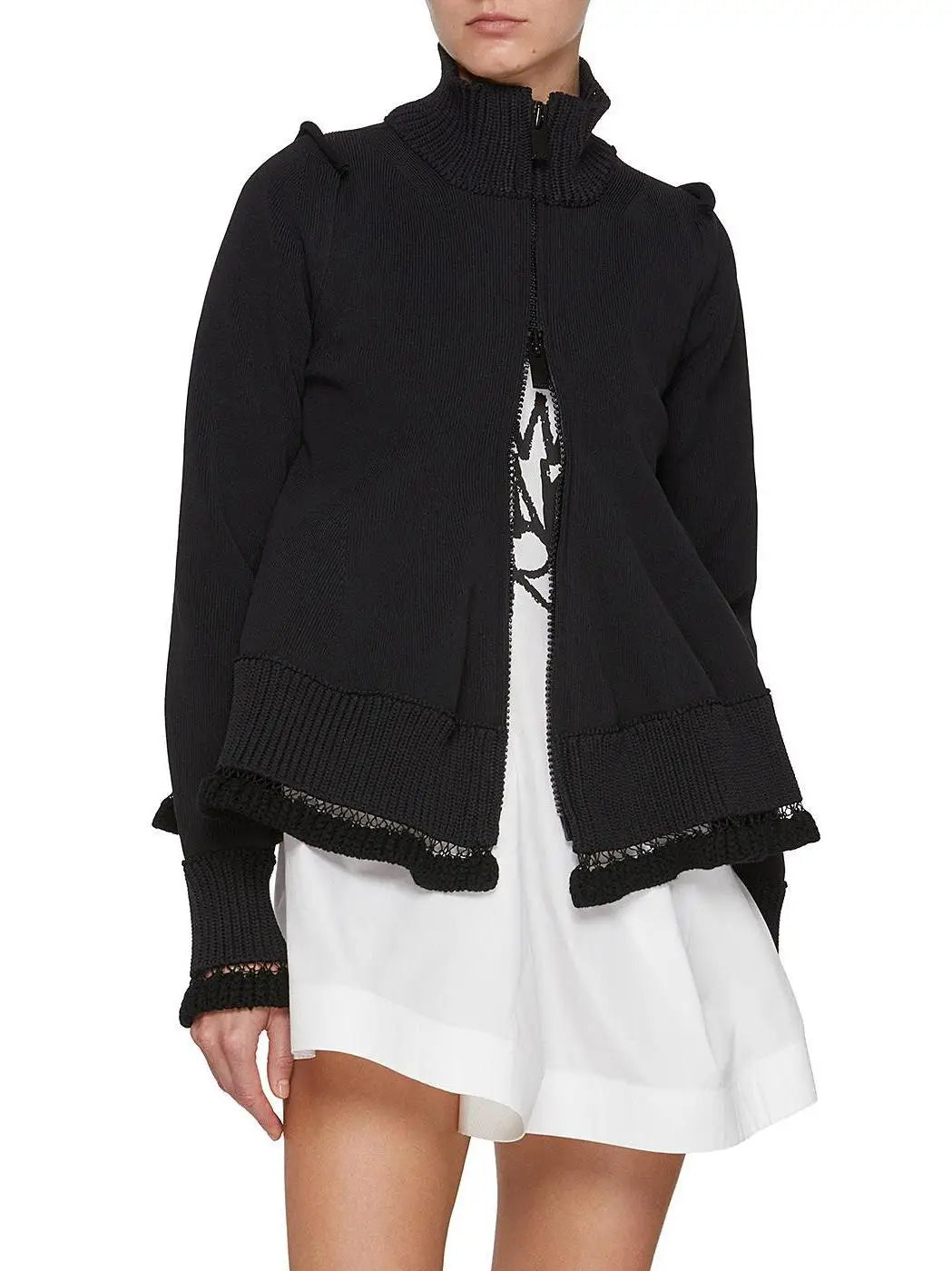 Black Knit Blouson Jacket with Open-Knit Trims - Jackets