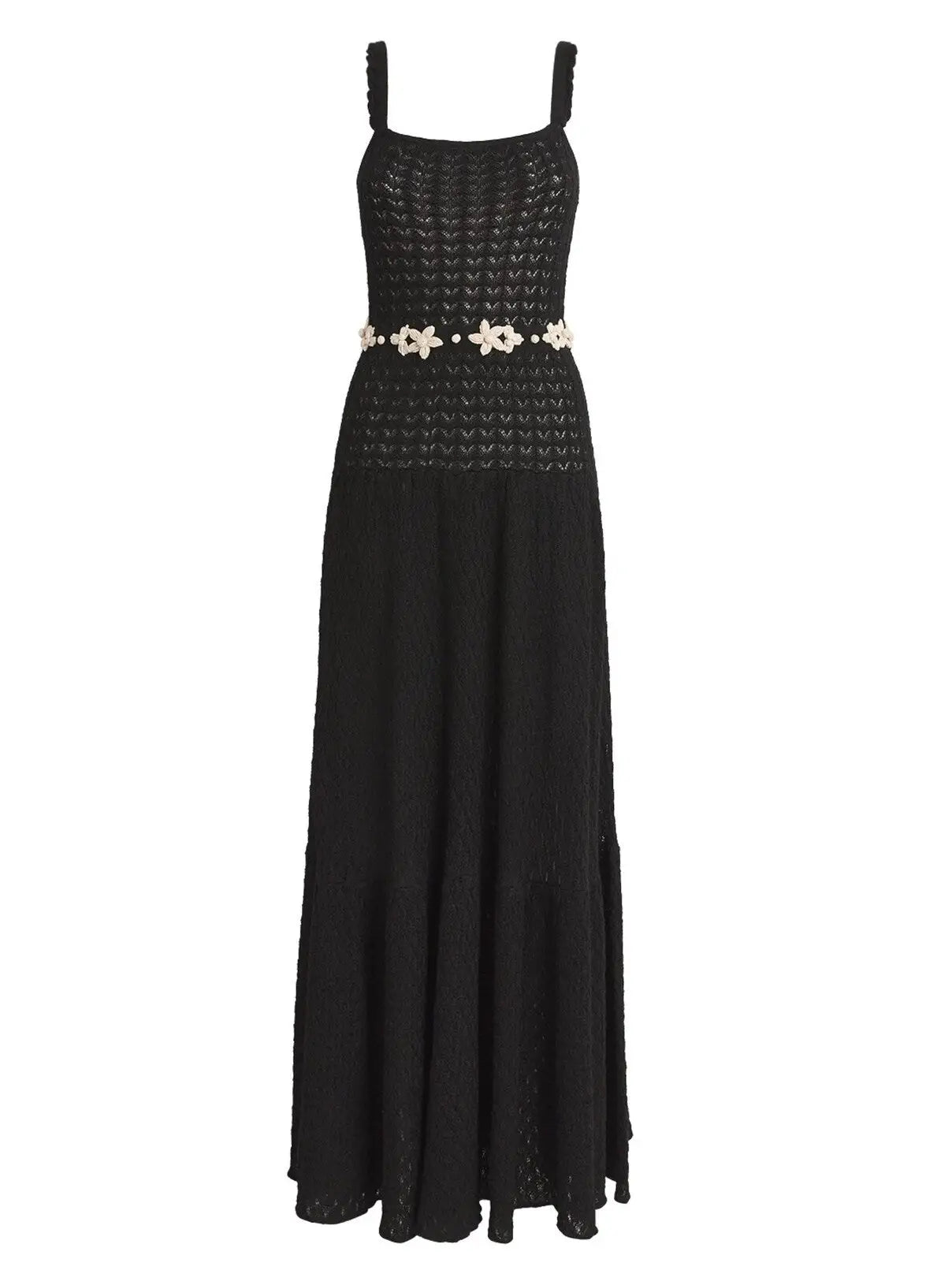Black Knit Maxi Dress with Floral Embroidery - Dresses