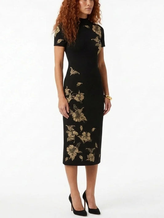 Black Knit Midi Dress with Metallic Floral Print - Dresses