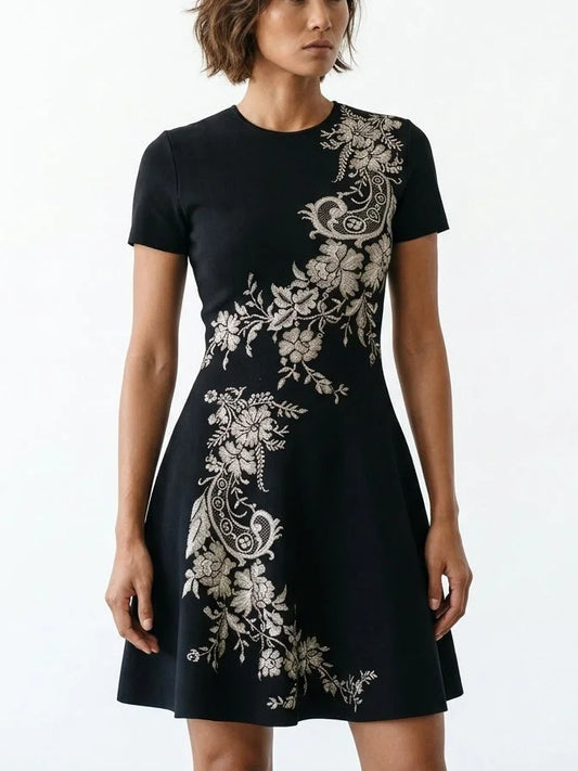 Black Knit Mini Dress with Floral Paisley Motif - Dresses