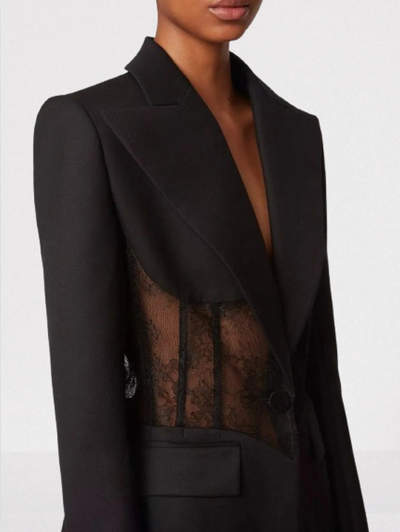 Black Lace-Insert Single-Breasted Blazer - Jackets