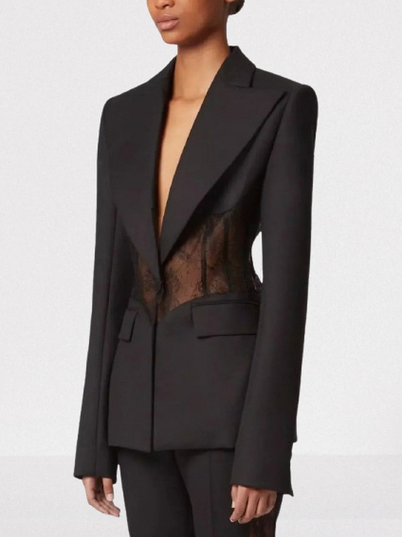 Black Lace-Insert Single-Breasted Blazer - Jackets