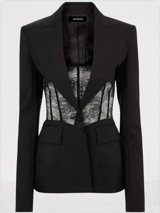 Black Lace-Insert Single-Breasted Blazer - Jackets