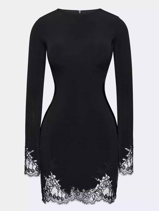 Black Lace-Trim Long-Sleeve Mini Dress - Dresses