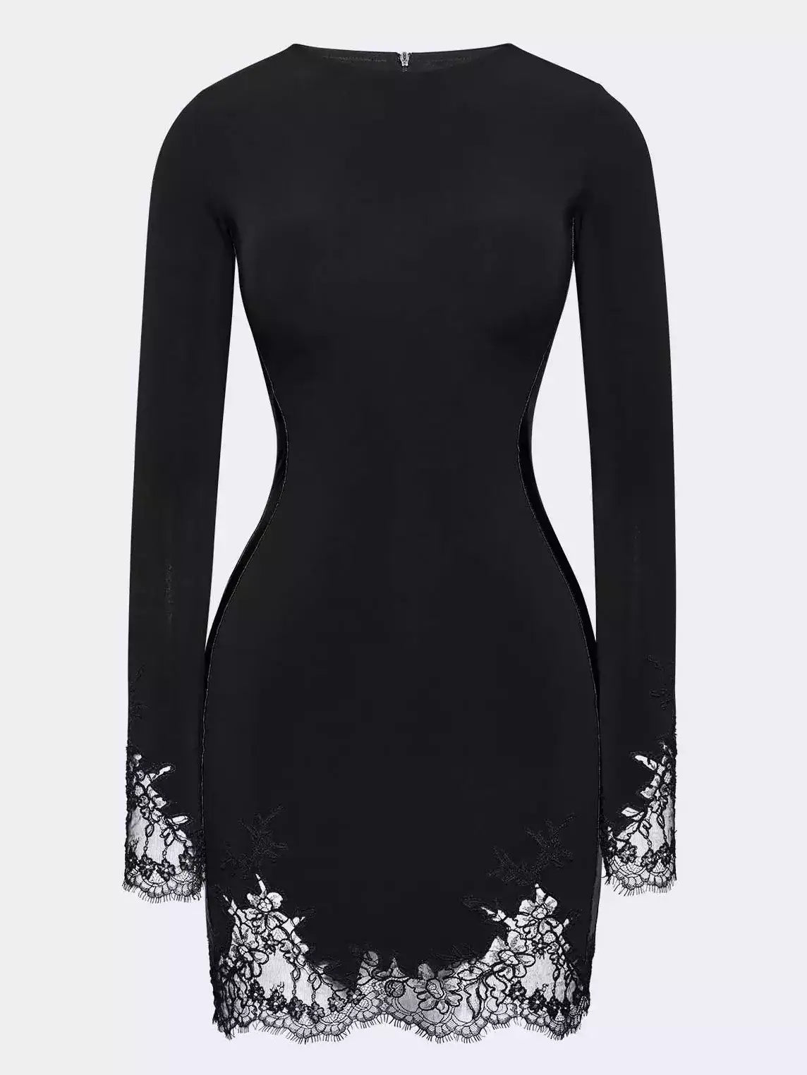 Black Lace-Trim Long-Sleeve Mini Dress - Dresses
