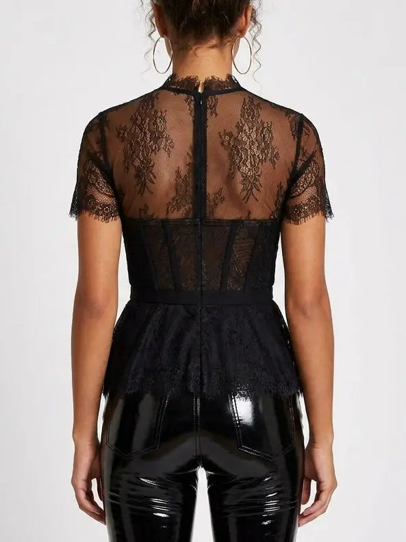 Black Lace Corset Peplum Top - Tops