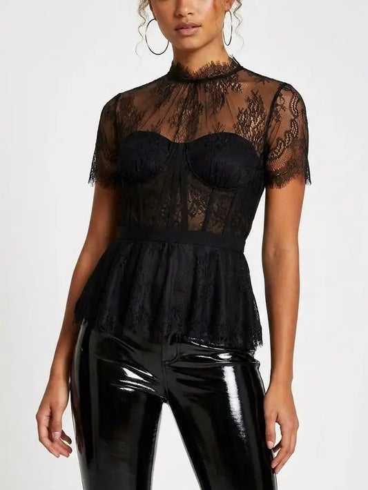 Black Lace Corset Peplum Top - Tops