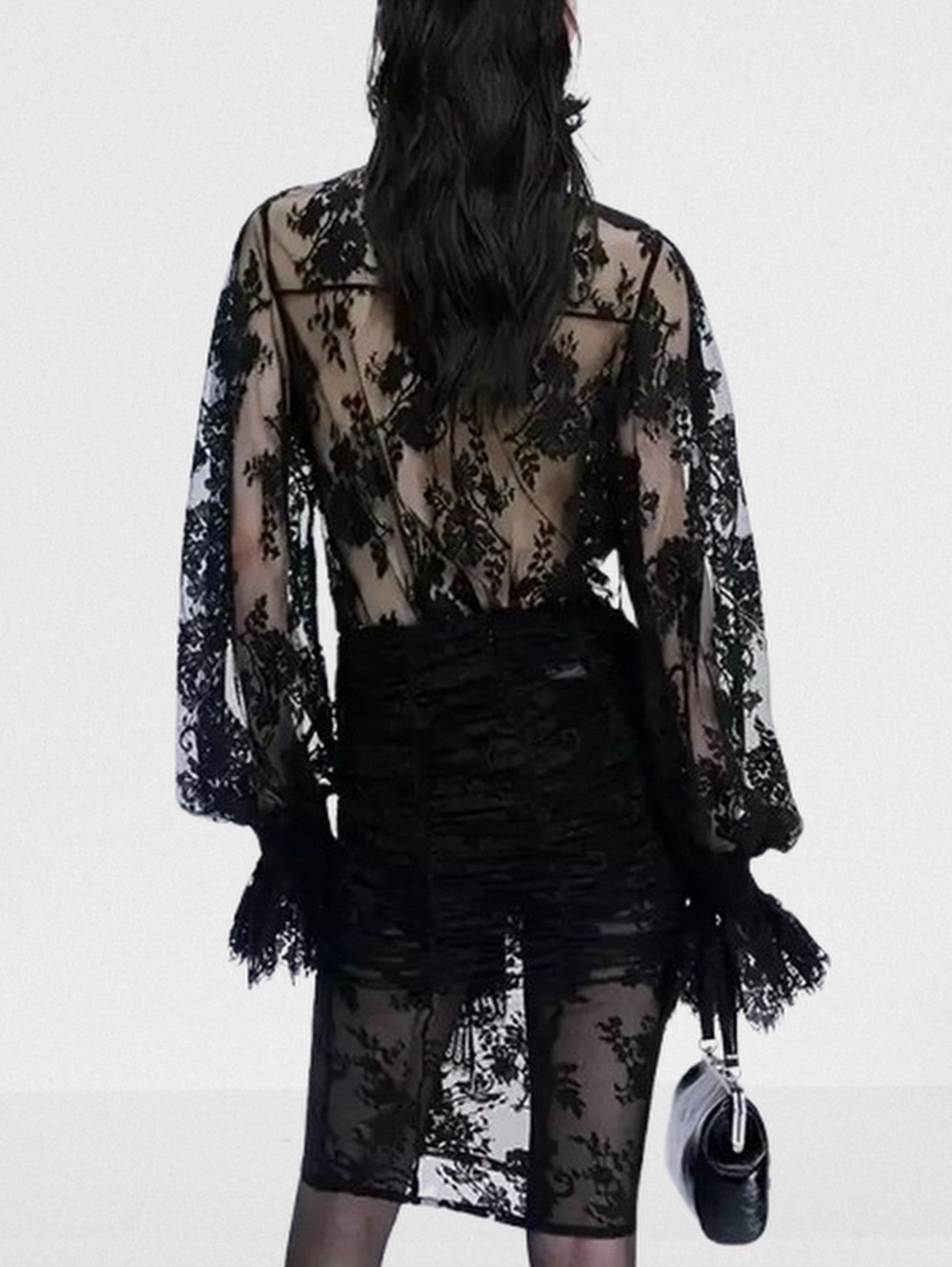 Black Lace Sheer Blouse with Neck Tie Tops