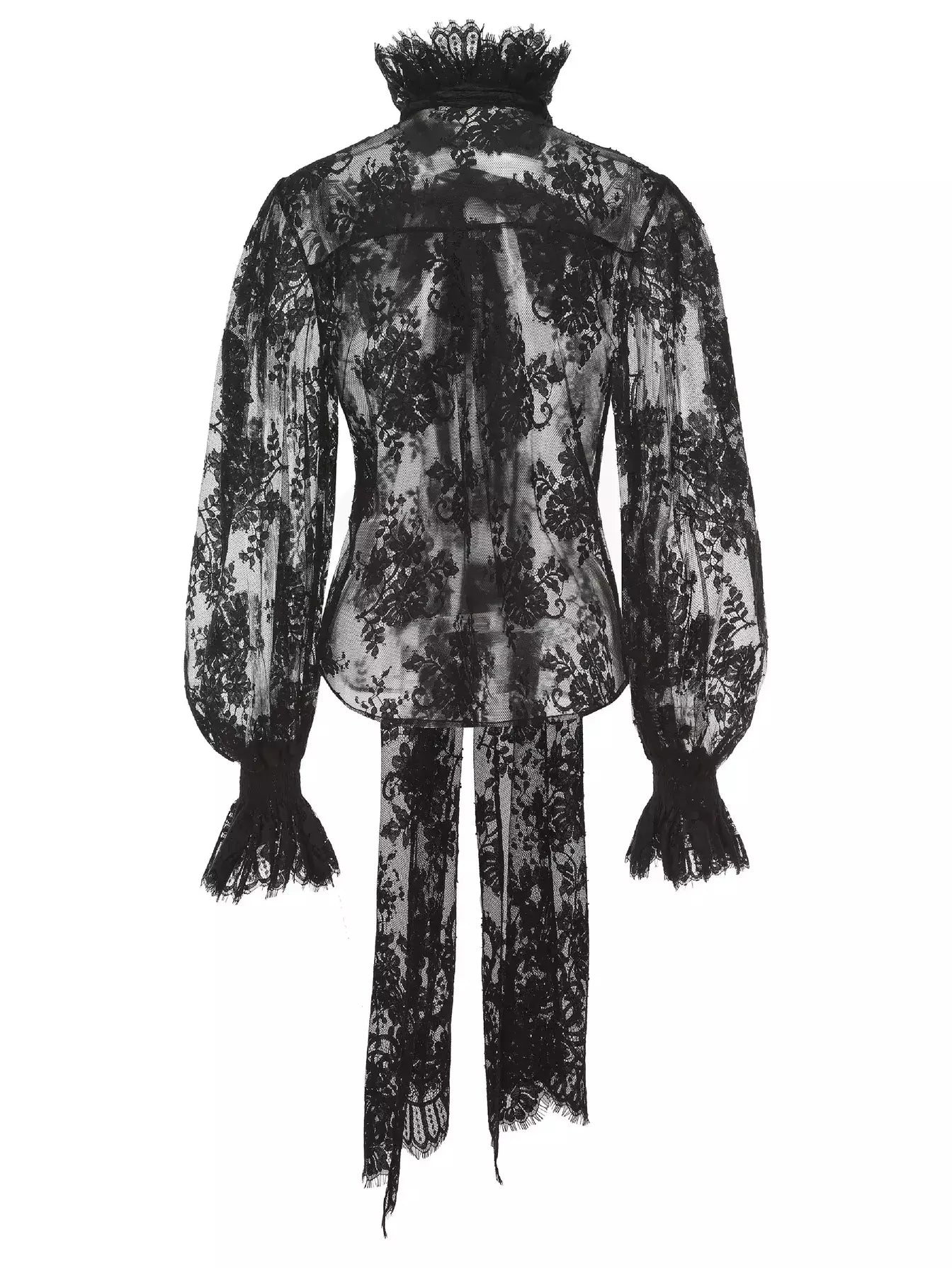 Black Lace Sheer Blouse with Neck Tie Tops
