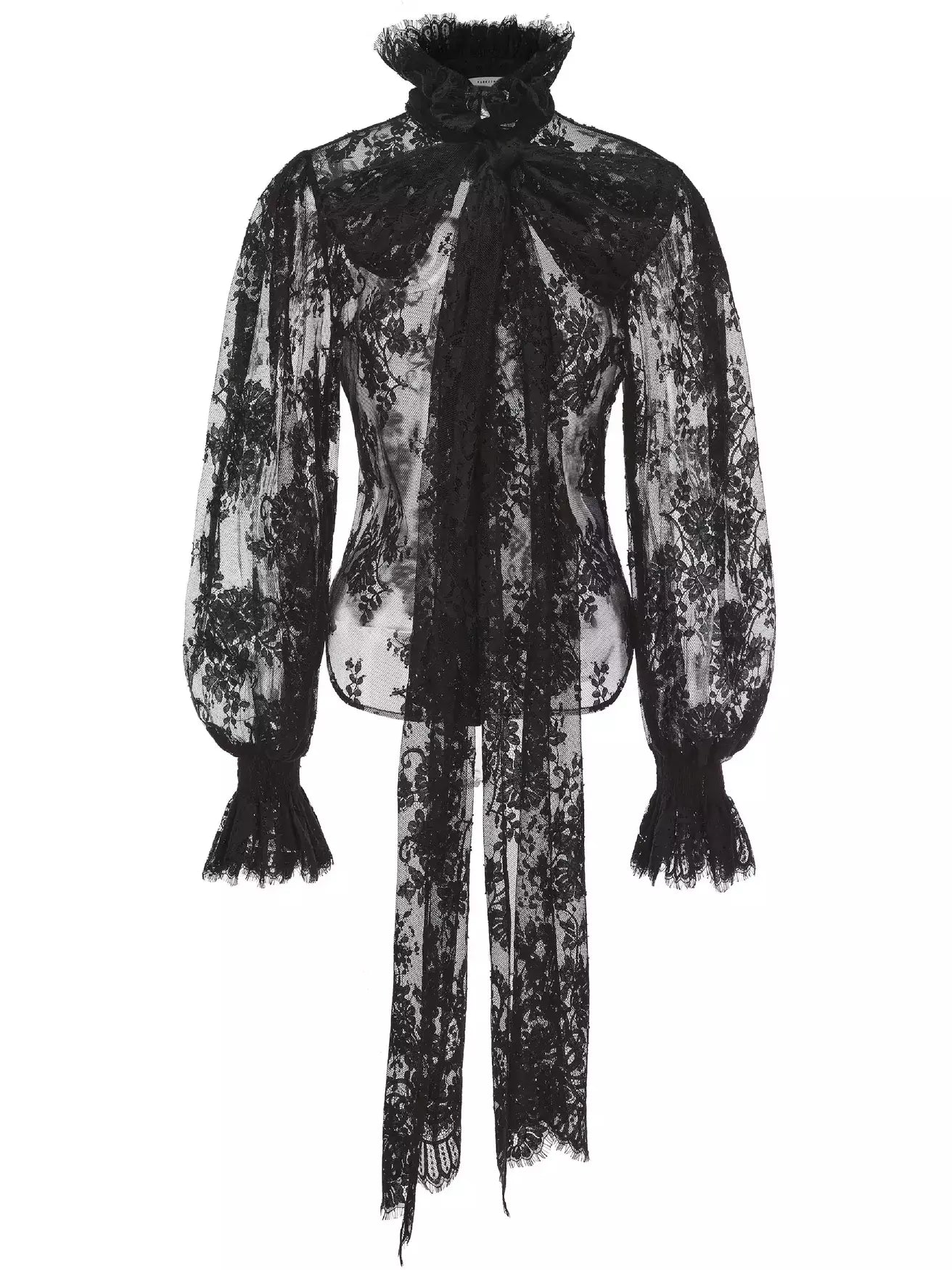 Black Lace Sheer Blouse with Neck Tie Tops