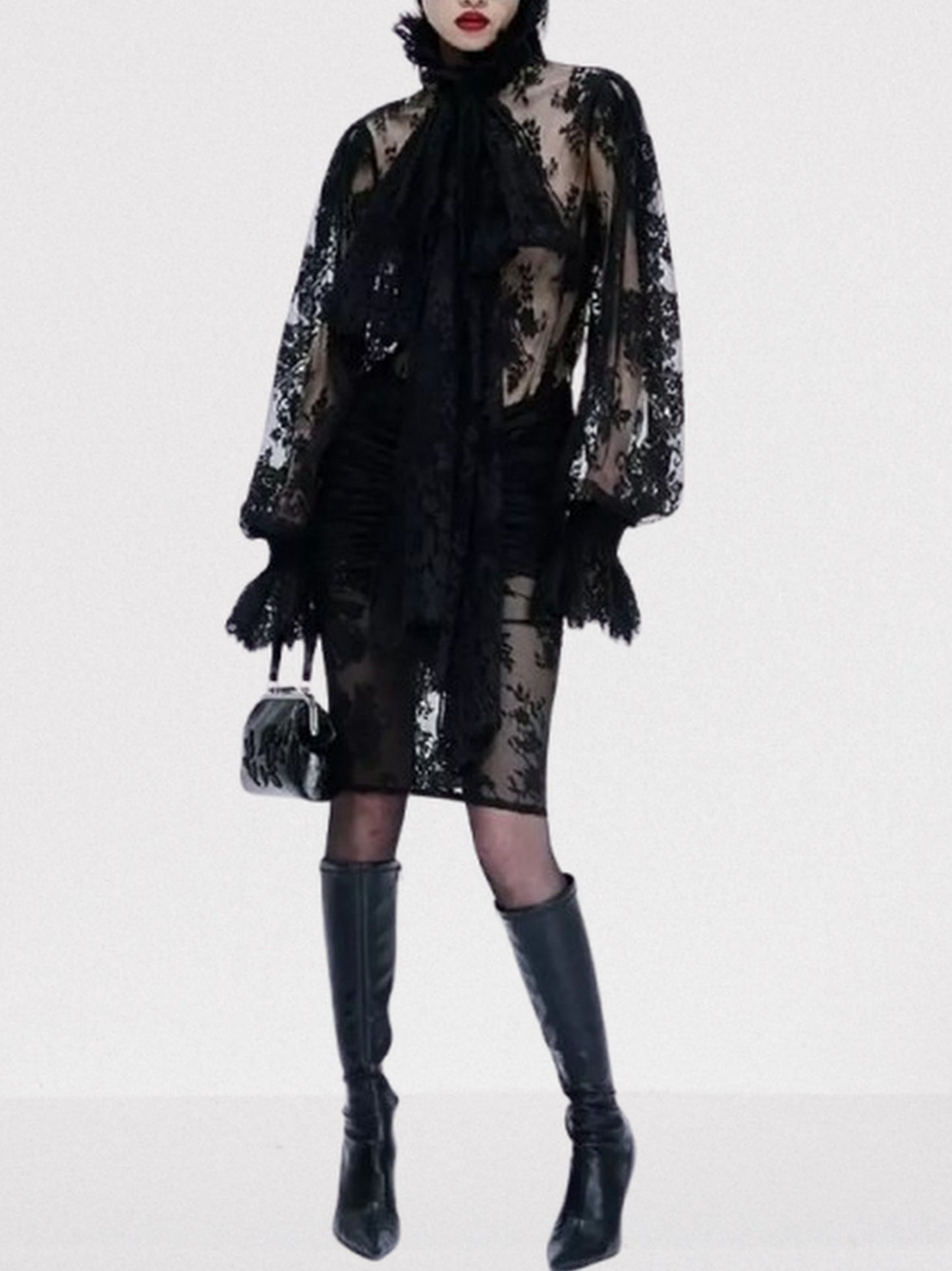 Black Lace Sheer Blouse with Neck Tie Tops