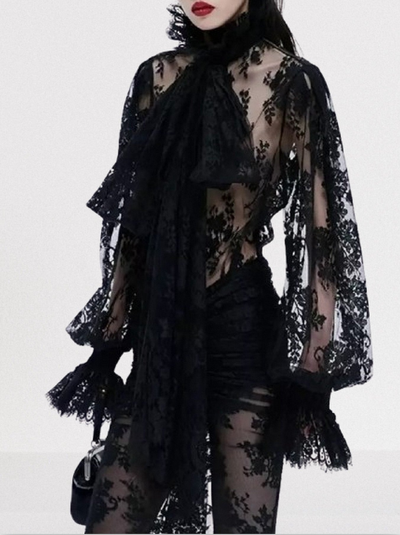Black Lace Sheer Blouse with Neck Tie Small Tops