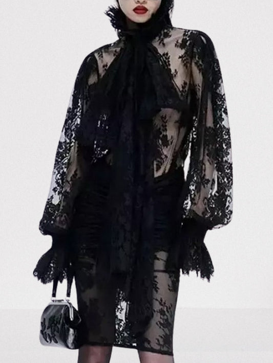 Black Lace Sheer Blouse with Neck Tie Tops